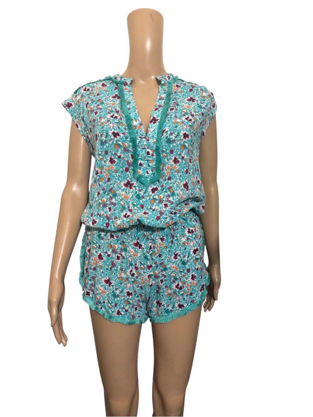 Poupette St Barth Floral Romper Turquoise Boho Elastic Waist Resort romper